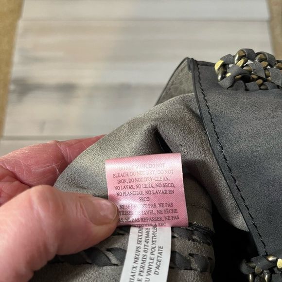 Shoulder Bag  Faux Suede Charcoal Gray with Chain Braided Straps and Details - Picture 6 of 7